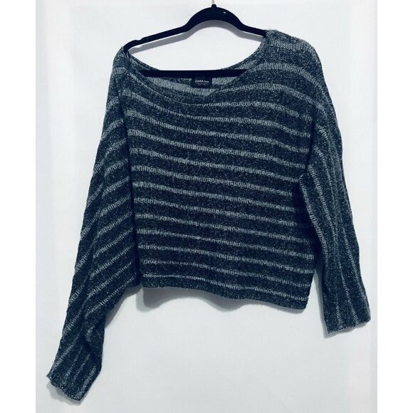 Zara Knit Womens Medium Gray Stripe Off Shoulder Cropped Slouchy Sweater Boho - Picture 1 of 6